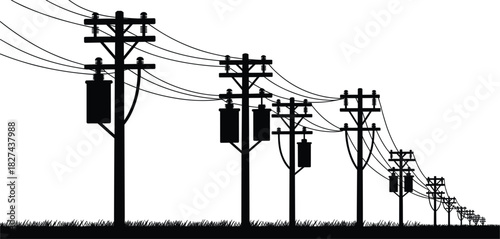 Black silhouette of power poles with transformers and wires against white electricity utility poles