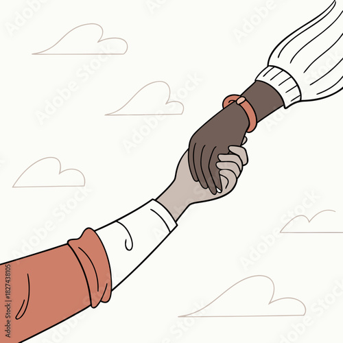 Two hands of different skin tones reaching out and holding each other firmly against a cloudy sky background symbolizing unity and support