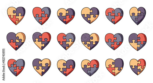 Collection of heart-shaped puzzles made from interlocking jigsaw pieces, symbolizing connection, relationships, and finding a match.
