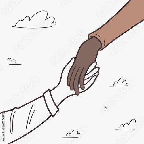 Two hands of different skin tones reaching out and connecting in a gesture of unity and support against a light background with clouds