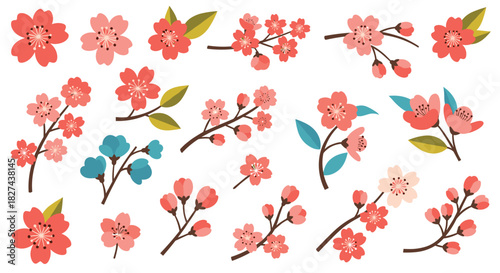Beautiful collection of cherry blossom flowers and branches, featuring pink and red sakura in a simple, elegant flat style.