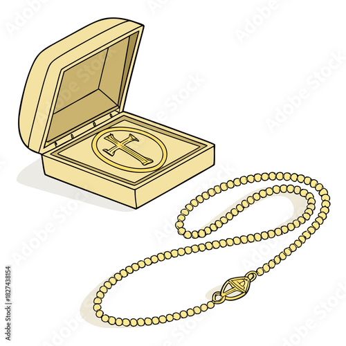 Golden christian cross necklace presented in an open jewelry box with a delicate chain and clasp