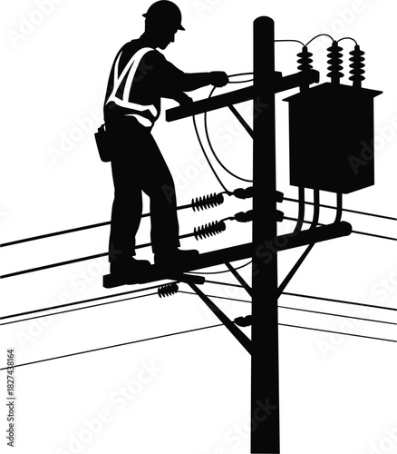 Silhouette of an electrician working on a power pole with transformer and wires utility worker