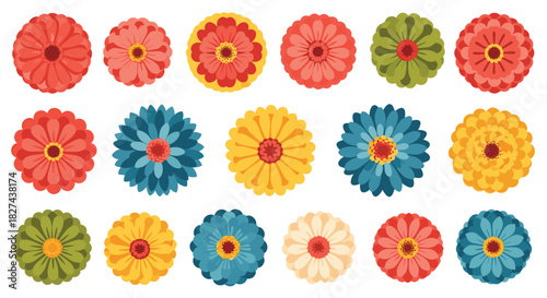 Vibrant collection of colorful flower heads, including gerbera daisies and zinnias, in a simple and bold flat design style.