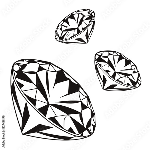 Three stylized black and white line art illustrations of faceted diamonds on a clean white background
