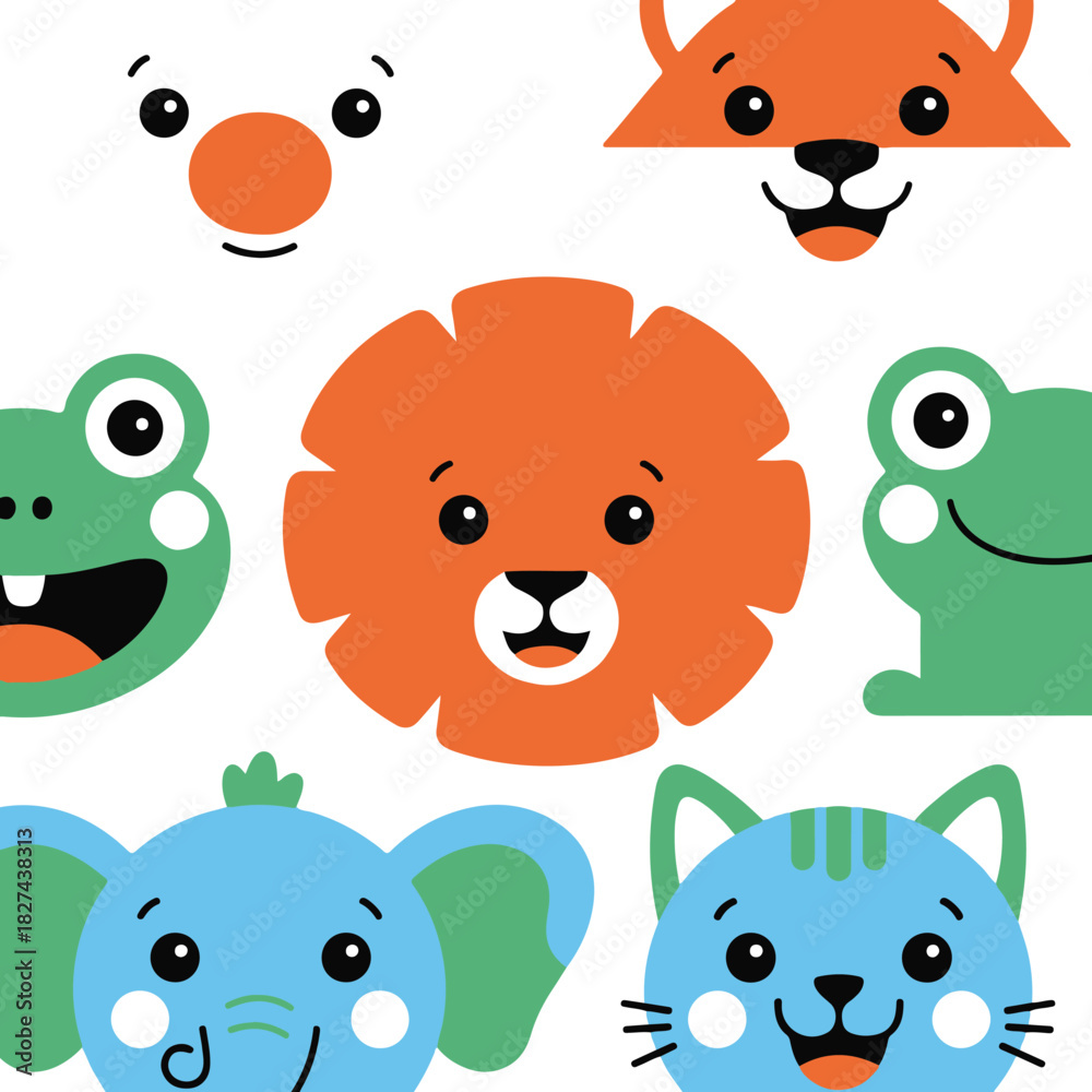 Obraz premium Cute Animal Faces Vector | Kids Cartoon Illustration