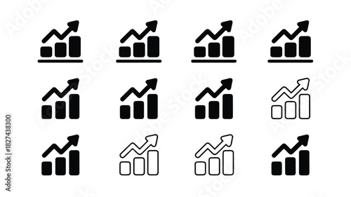 A collection of twelve bar chart icons, each representing a financial growth concept with upward trending arrows