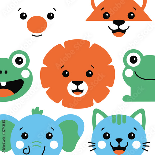 Cute Animal Faces Vector | Kids Cartoon Illustration