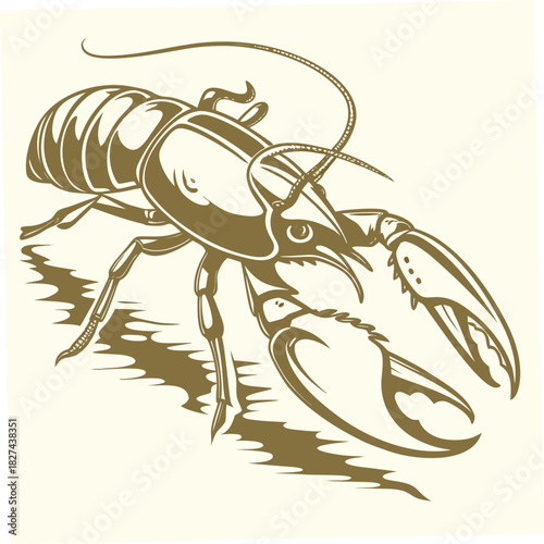 Stylized golden crayfish illustration with shadow on a cream background a detailed drawing of a crustacean