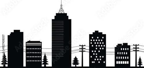 Black silhouette cityscape with tall buildings trees and power lines black and white skyscrapers
