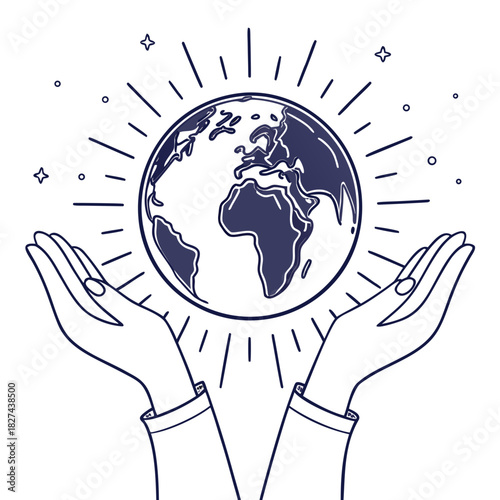 Stylized illustration of hands gently holding the planet earth with radiating lines and stars symbolizing hope and care for our world