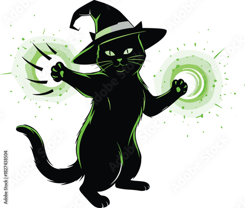 Black cat silhouette casting green magical spells with witch hat, fantasy concept, cad drawing flat vector illustration