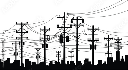 Black silhouette of telephone poles and power lines over city skyline electricity utility pole