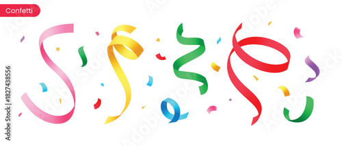 Vibrant curling confetti ribbons in red, yellow, green, blue, and pink on a white background. Perfect for party themes, birthdays, celebrations, festive decorations, banners, and event designs.