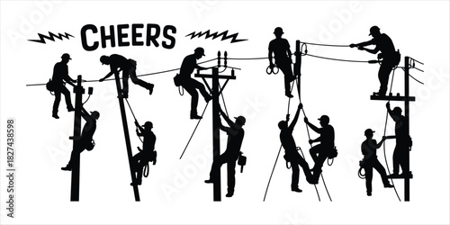 Silhouettes of linemen working on utility poles with the word Cheers lineman power line