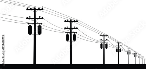 Black silhouette power poles with transformers and wires against white background electricity