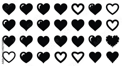 Simple collection of black heart icons and silhouettes in various styles, including solid, outlined, and glossy effects.