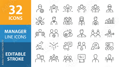 A set of 32 manager line art icons representing leadership, teamwork, human resources, and business strategy concepts