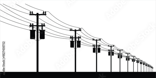 Row of black silhouette electricity poles with transformers and wires power lines utility poles