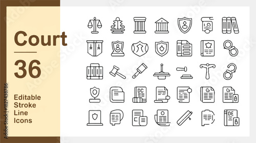 36 Court and Law Line Icons Scales, Gavel, and Legal Documents