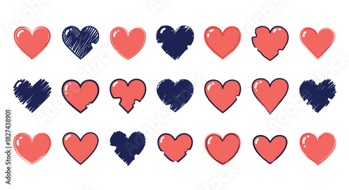 Assorted collection of red and blue sketchy heart icons in various styles, including broken and scribbled designs for love concepts.