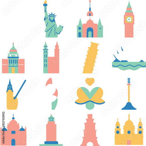 World Landmarks Colorful Vector | Travel Illustration Set