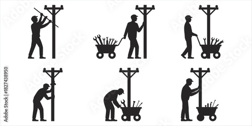 Silhouettes of workers with tools near utility poles and carts power line electrician