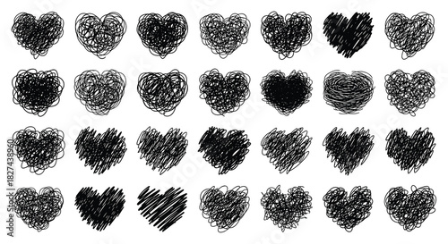Collection of hand-drawn tangled scribble hearts in a messy, chaotic style, perfect for representing complex emotions of love.