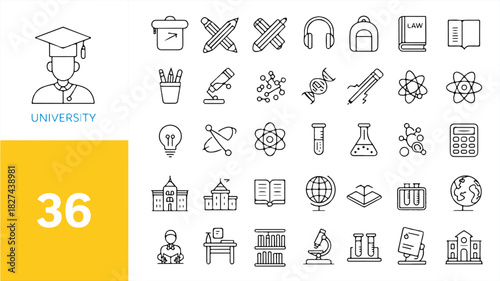 University education icon set, with various academic and educational symbols for learning and knowledge