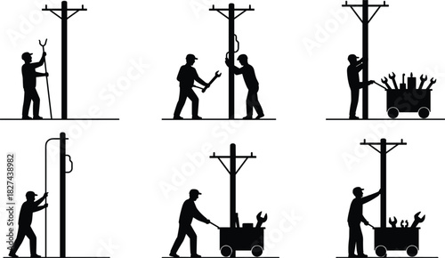 Silhouettes of workers with tools near utility poles and carts lineman electrician
