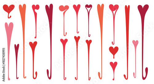 Creative set of abstract dripping and elongated heart shapes in various shades of red and pink, perfect for modern art designs.