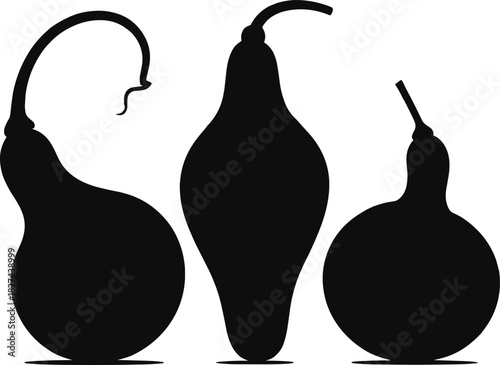 Black silhouette of gourds, decorative vegetable shapes, autumn harvest design, vector illustration for fall season, minimal organic nature art