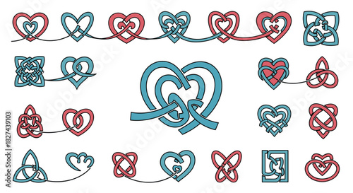 Collection of red and blue Celtic knot hearts and symbols with a textured finish, representing eternal love and connection.