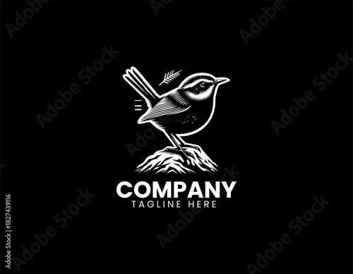 New Zealand rock wren perched proudly on rugged alpine stone in a clean black vector illustration logo