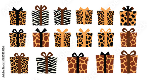 Stylish collection of gift boxes wrapped in leopard, zebra, and giraffe animal print patterns for fashion-forward party themes.