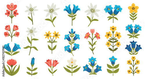Vibrant collection of alpine mountain flowers including edelweiss and gentian in a colorful, stylized folk art vector set.