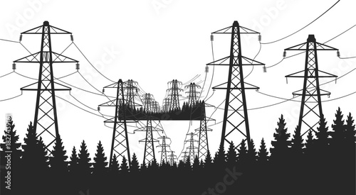 Black silhouette of power line towers and pine trees against white background power lines electricity