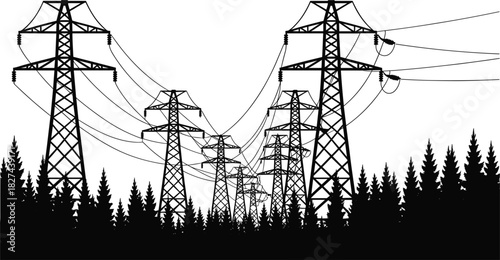 Black silhouette of electricity pylons and pine trees against a white background tower transmission