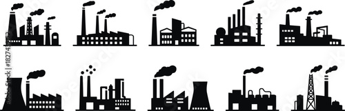 Industrial Factory Cityscape Silhouette Set, Smoking Chimneys and Power Plants, Pollution Infrastructure Icons, Black Vector Illustrations for Energy Industry Design