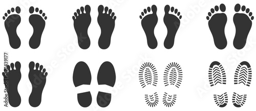 Collection of footprint and shoe print silhouettes, representing human footsteps, walking patterns, movement, tracking, trail, forensic analysis, outdoor activity, urban and nature environments, 