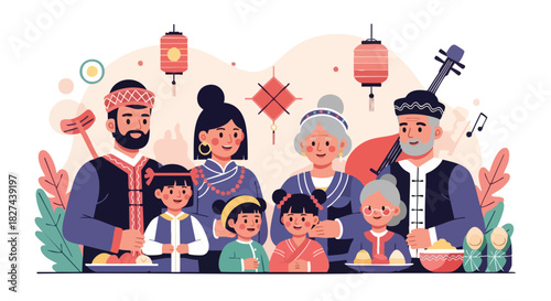 Multi-Generational Asian Family Wearing Traditional Clothes Celebrating a Cultural Festival with Food and Music