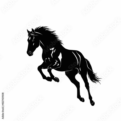 Majestic black horse leaping gracefully against a pristine white backdrop.