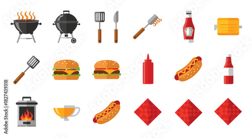Collection of colorful flat design icons for a barbecue party, including grill, hamburgers, hot dogs, and cooking utensils.