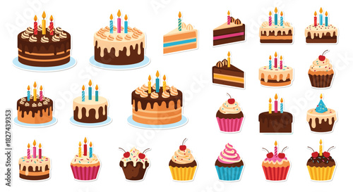 Large collection of festive birthday cakes and cupcakes with lit candles in a colorful, flat design sticker-style vector set.