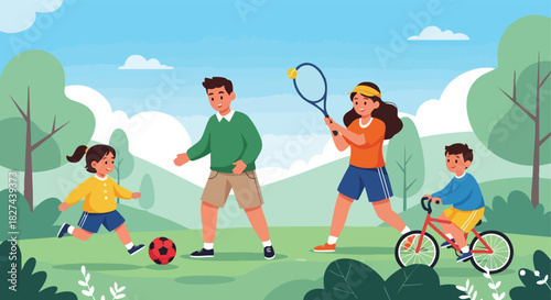 Active Family of Four Playing Sports Outdoors in a Park with Soccer, Tennis, and Cycling Activities