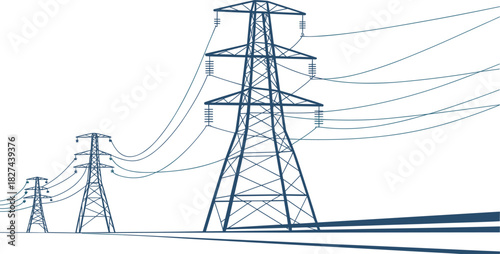 Three dark blue power line towers with cables against a white background electricity transmission