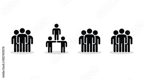 Four minimalist group icons representing teamwork, unity, and collaboration for business and social concepts