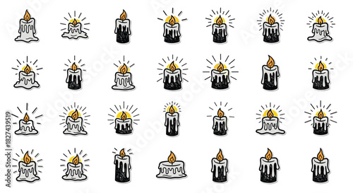 Hand-drawn collection of burning and melting candles in a vintage doodle style, perfect for esoteric or cozy design themes.