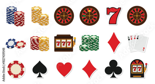 Set of colorful casino and gambling icons with a sticker effect, featuring poker chips, roulette wheels, and playing cards.