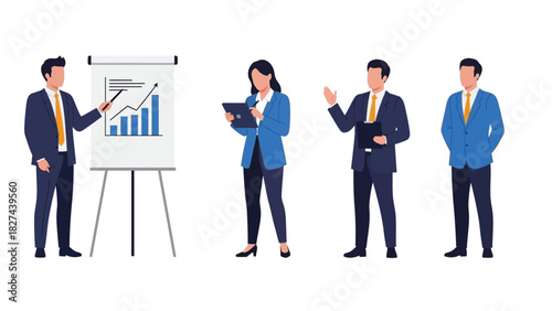 Business professionals gathered for a presentation with charts on a whiteboard